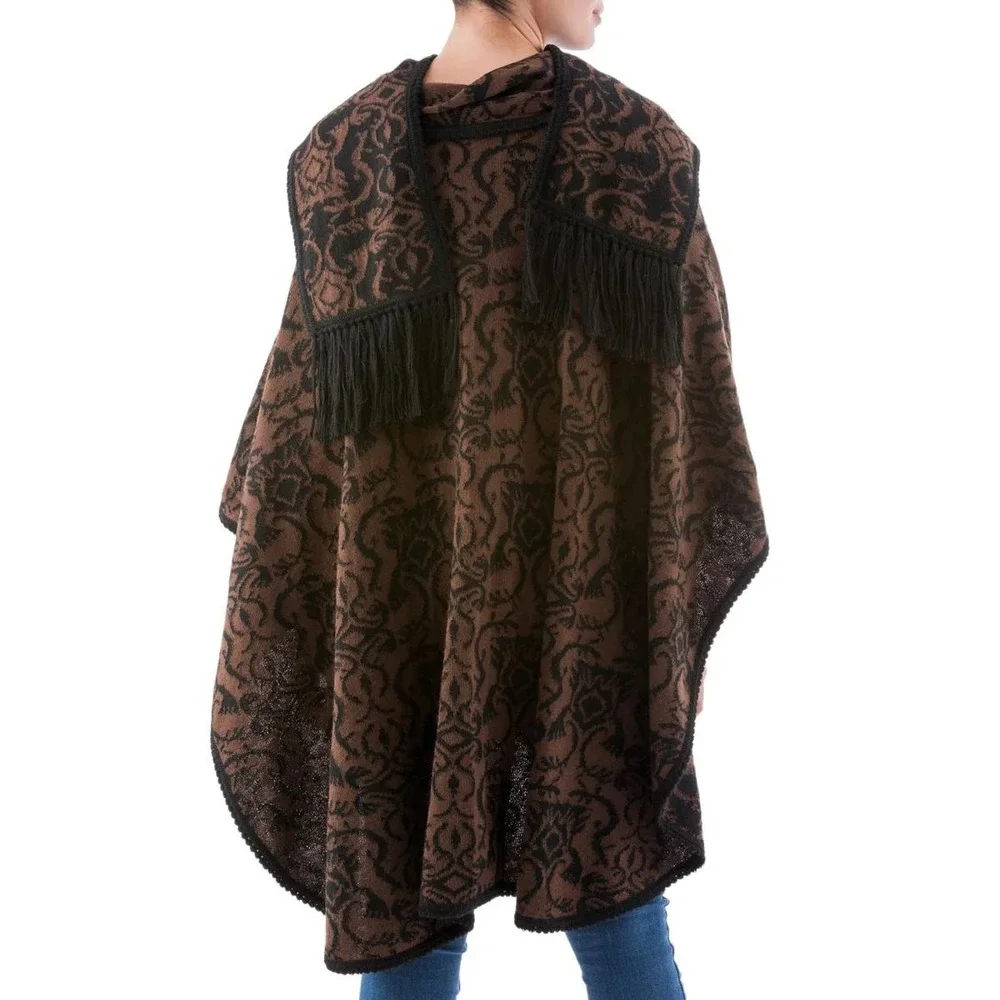 NOVICA Alpaca Ruana Button Front Poncho‎ Cloak Black Brown One Size Layering